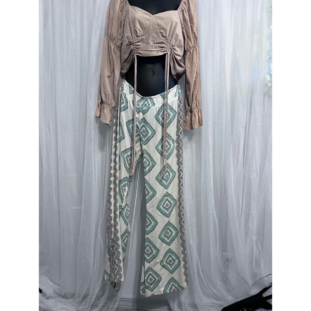 Billabong‎ Womens Teal Ikat Diamond Print Wide Leg Smocked Waist Pants Size M